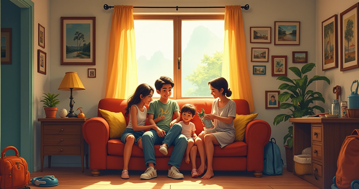 Família em casa simples, sorrindo juntos 