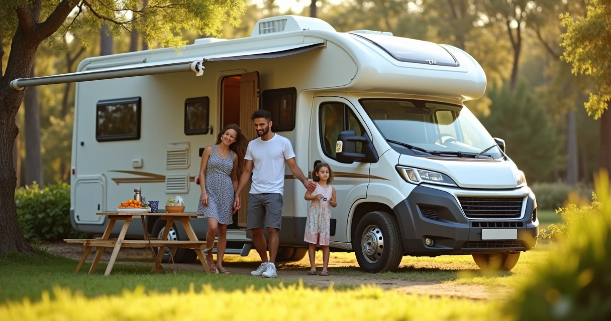 Família ao lado de motorhome estacionado, sorrindo na Flórida 