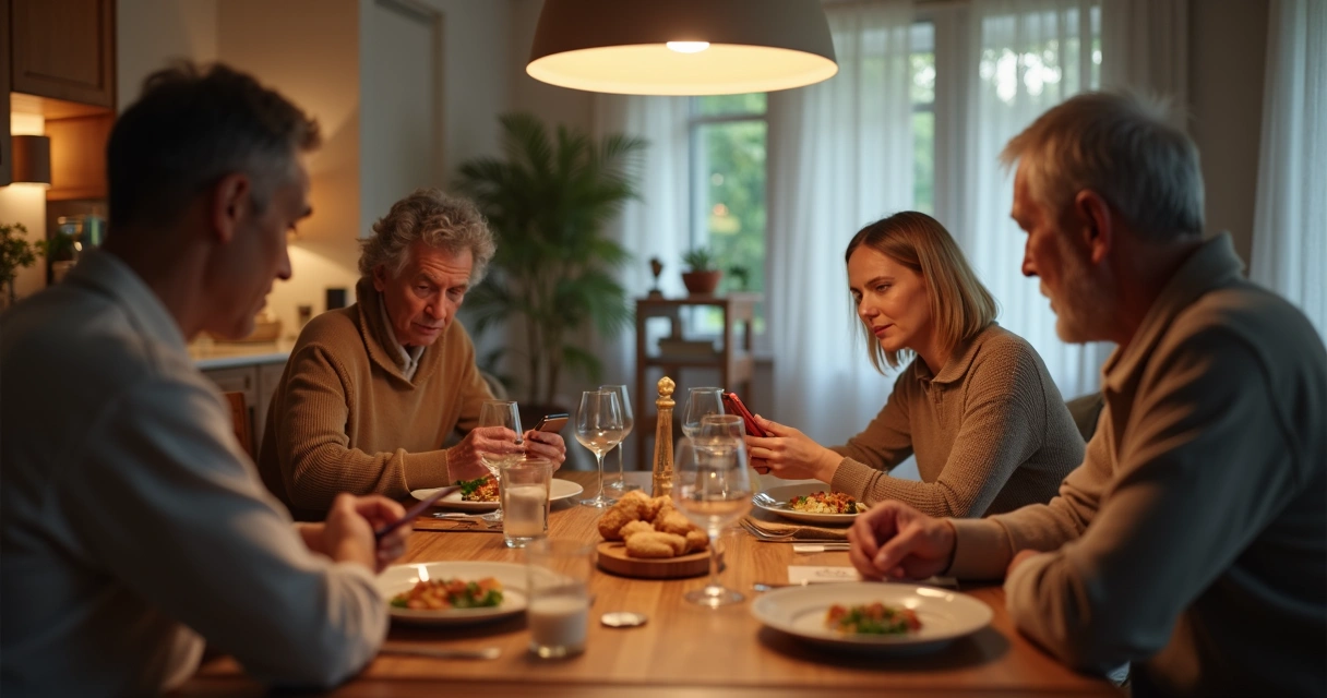 Familia reunida con teléfonos sobre la mesa 