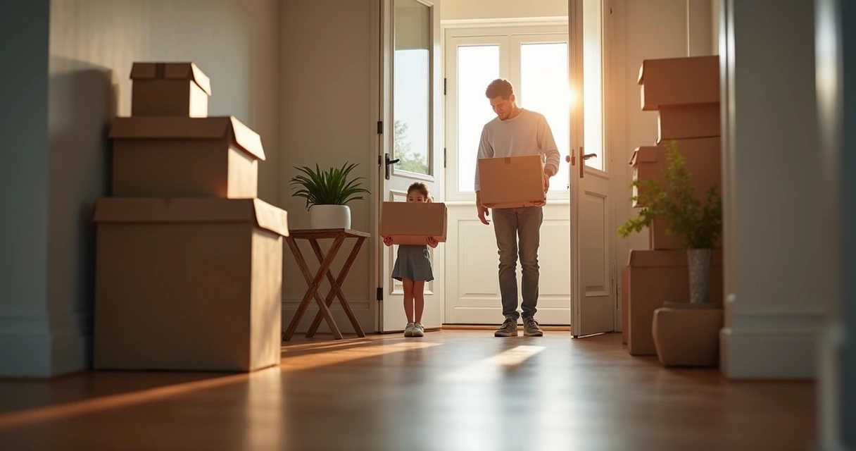 Família entrando em casa alugada levando caixas, criança sorrindo na porta 