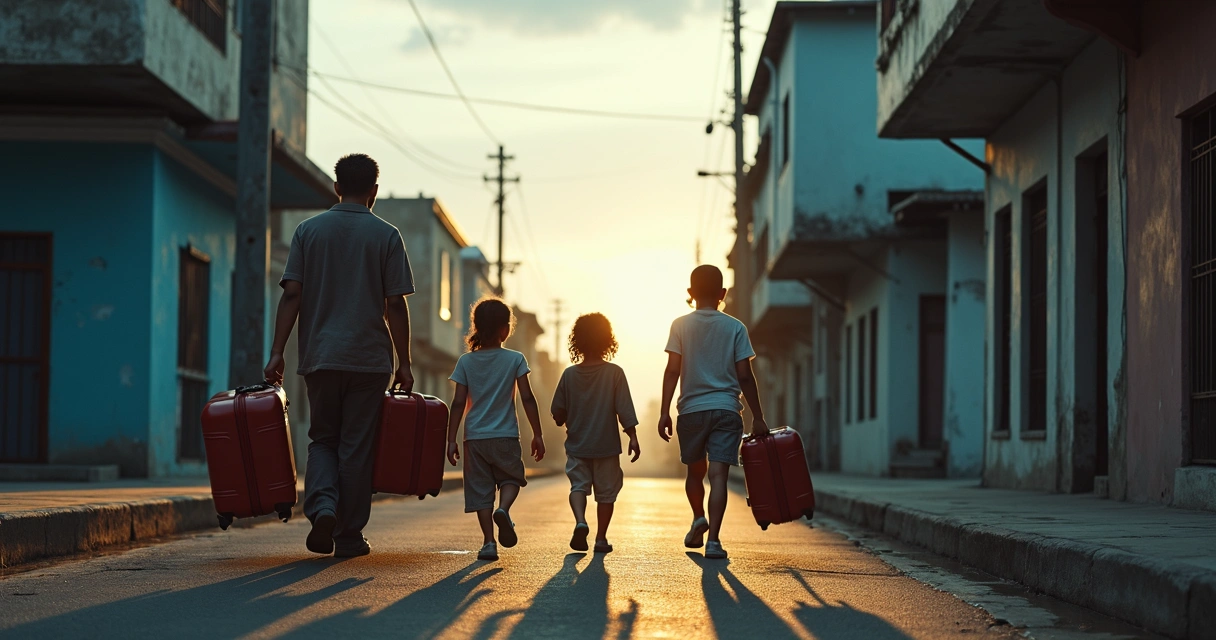 Família caminhando de malas em uma cidade desconhecida 