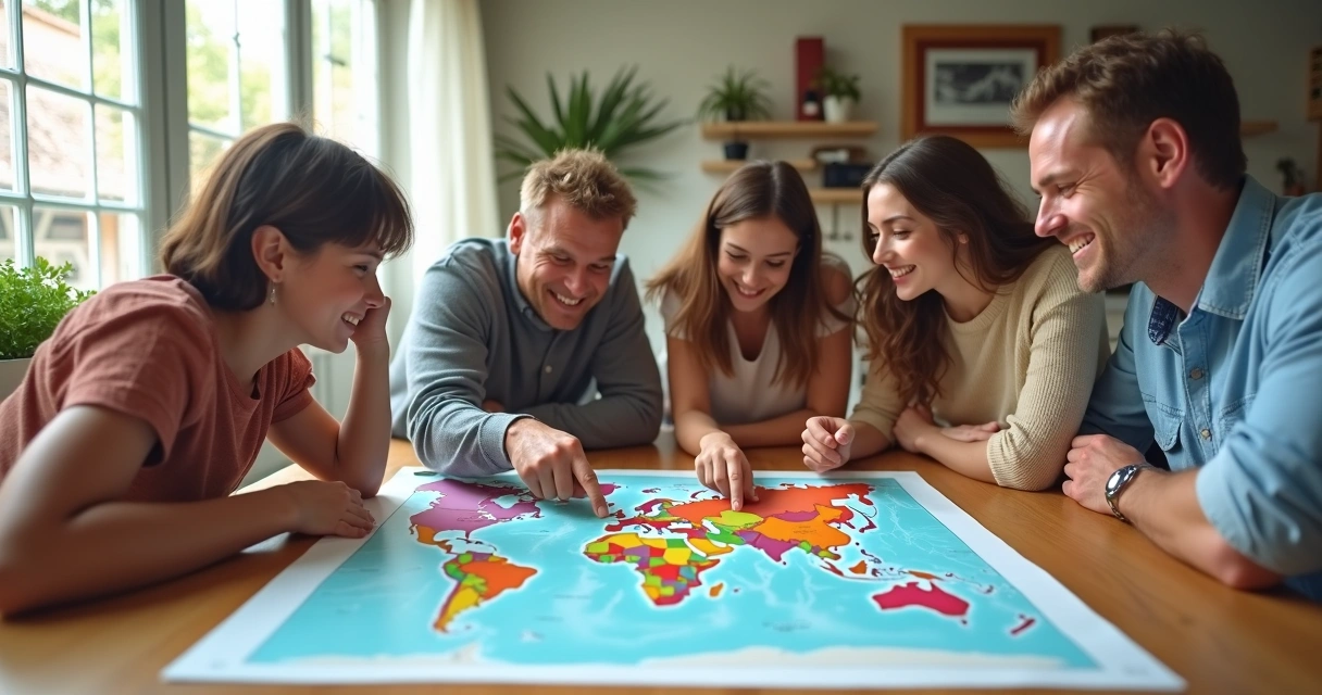 Família analisando mapa geográfico juntos antes de mudança de cidade 