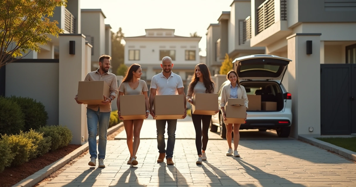 Família carregando caixas de mudança em condomínio 