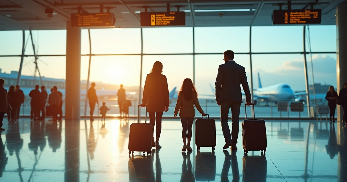 Família com malas embarcando em aeroporto para mudança internacional 