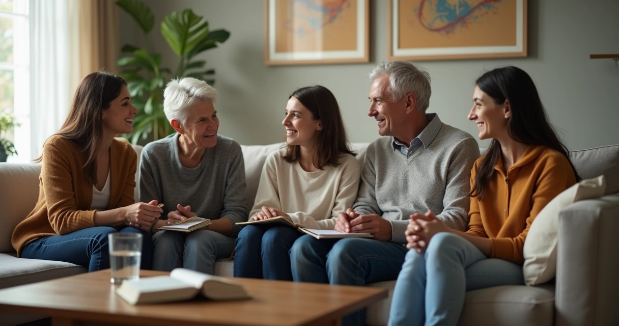 Família sentada em sala de estar tendo conversa séria e acolhedora 