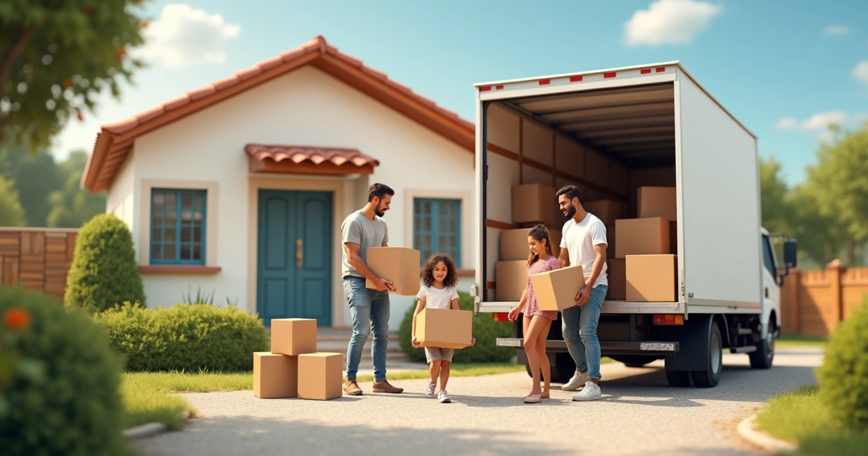 Família descarregando caixas de uma mudança em frente a uma casa 