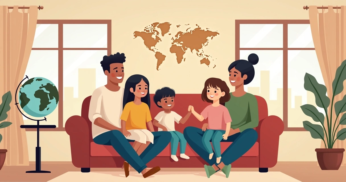 Família multicultural reunida na sala de estar, representação de proteção global