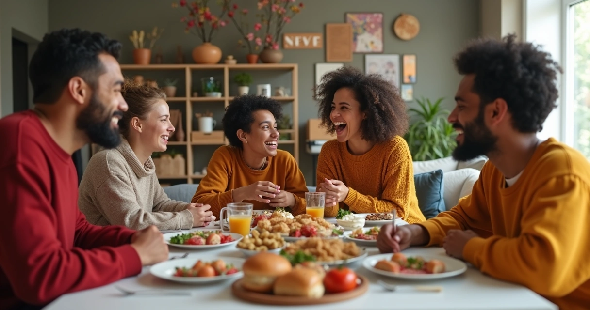 Família multicultural reunida em sala de estar