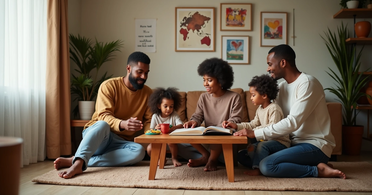 Família multicultural conectada em sala de estar acolhedora 