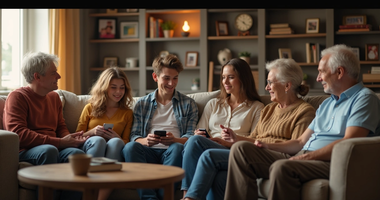 Familia multigeneracional reunida en una sala, diferentes edades conversando 