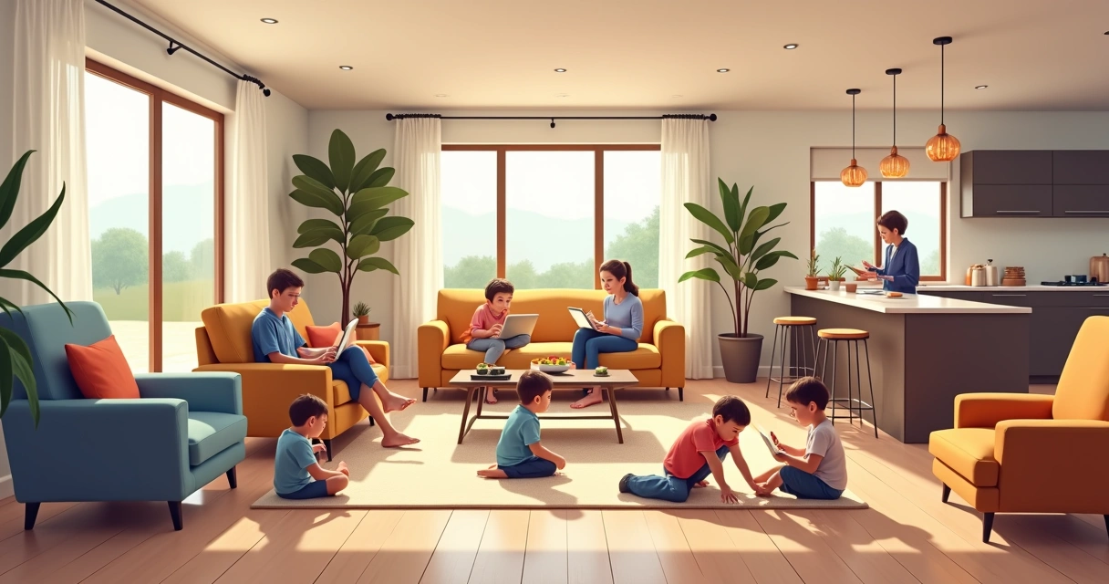 Family of multiple generations together in a large vacation home's living room, kids playing, elders relaxing. 