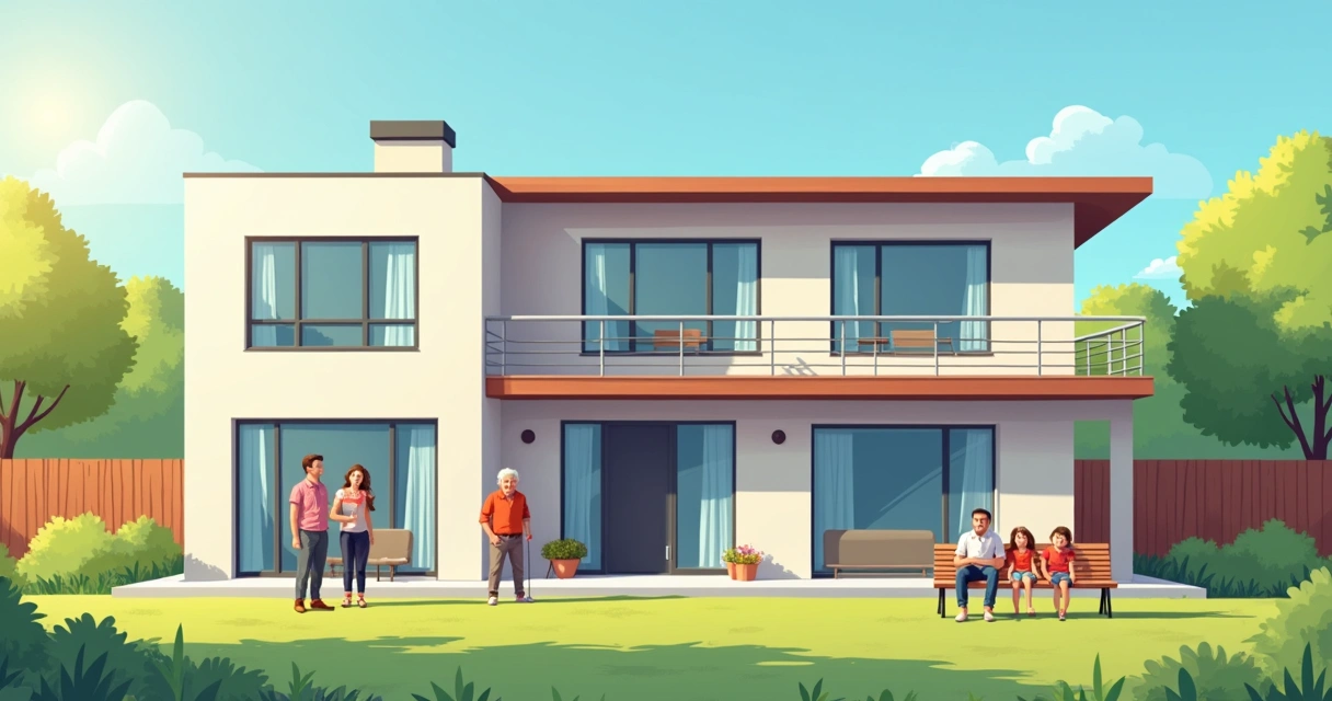 Multigenerational family gathered in front of a modern house. 