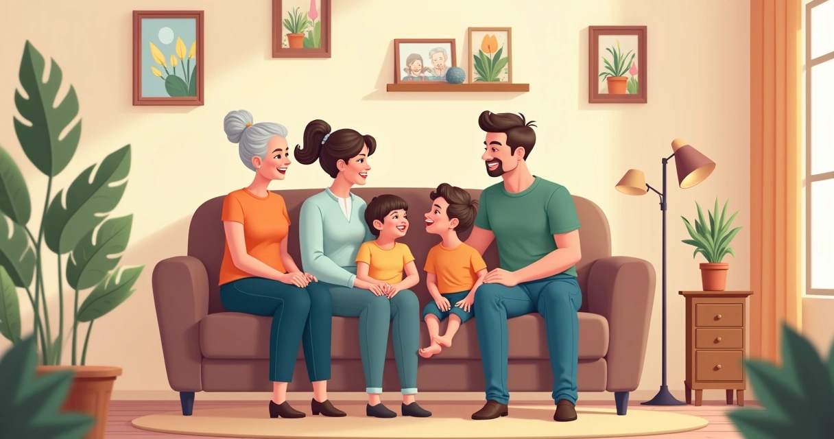 Família multigeracional sentada no sofá de casa. 