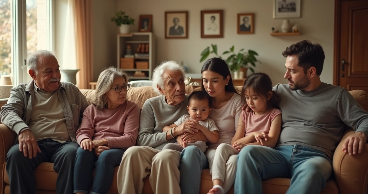 Três gerações de uma família sentadas juntas em casa, conversando de maneira séria. 