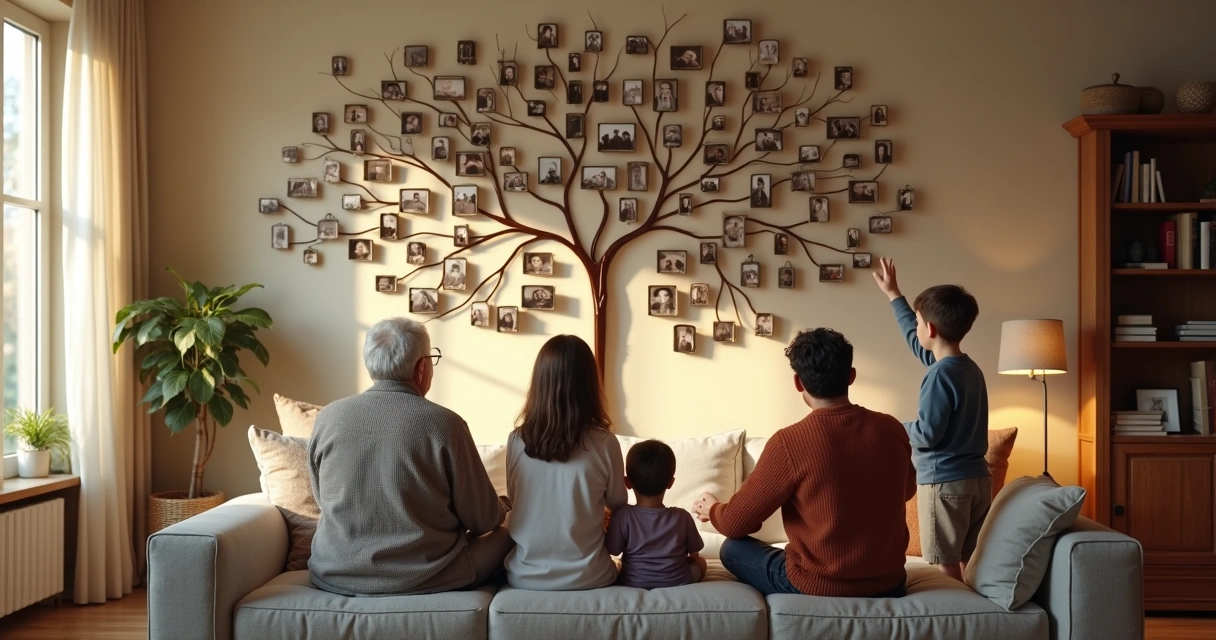 Família multigeracional em sala olhando para parede com árvore de fotos antigas 