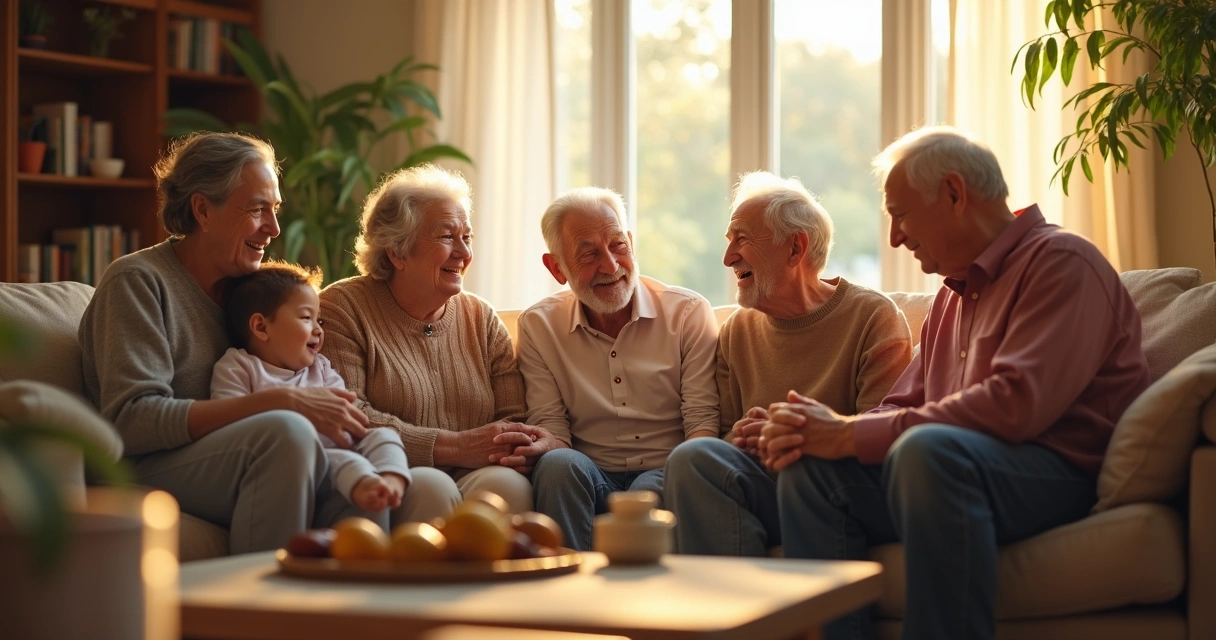 Família multigeracional sentada conversando em uma sala de estar 