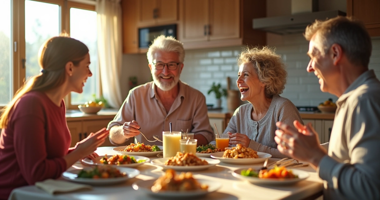Família reunida ao redor da mesa em ambiente acolhedor 