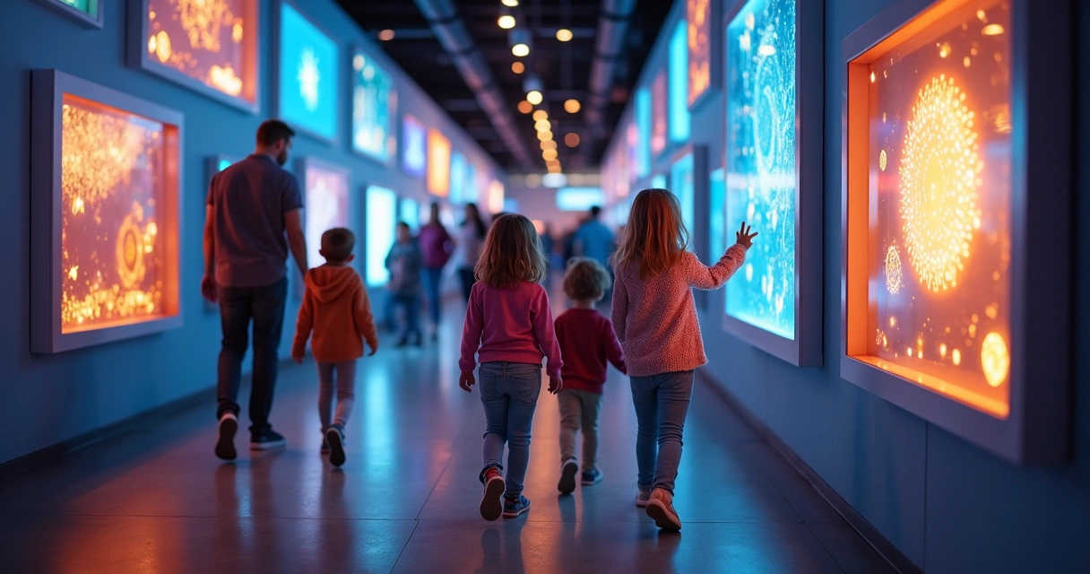 Crianças e pais explorando museu interativo 