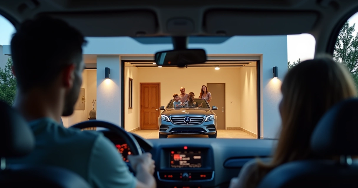 Família dentro do carro entrando em garagem com portão automático 