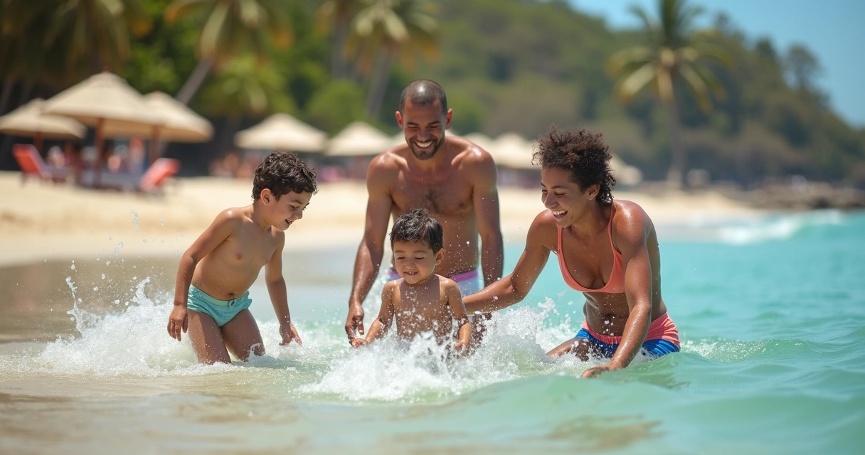 Familia de classe média brincando na praia durante feriado 