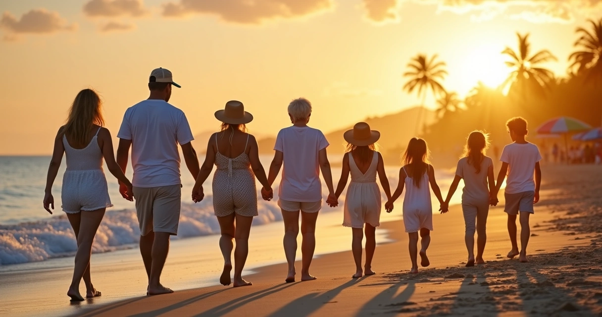 Família de várias gerações caminhando pela praia 