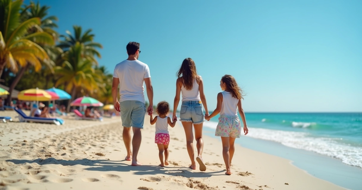 Família caminhando na praia durante férias de verão 