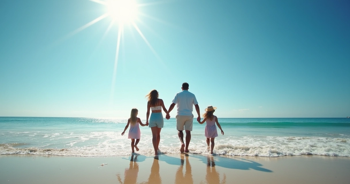 Família aproveitando dia ensolarado em praia da Flórida com céu azul, areia clara e mar calmo