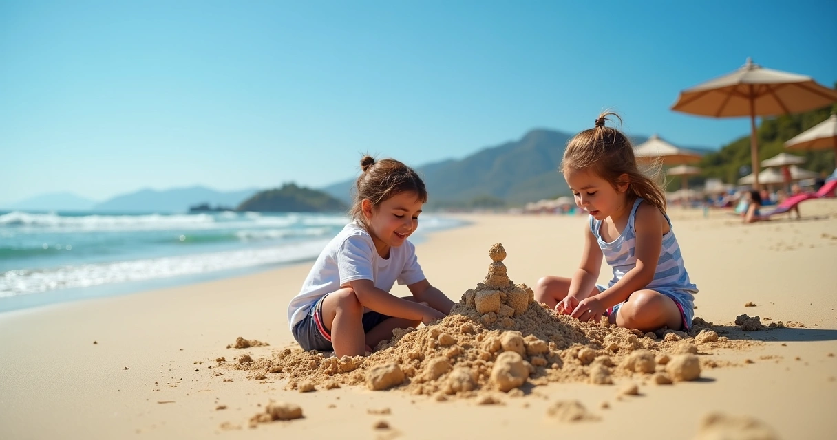 Família brincando com crianças na areia da praia 