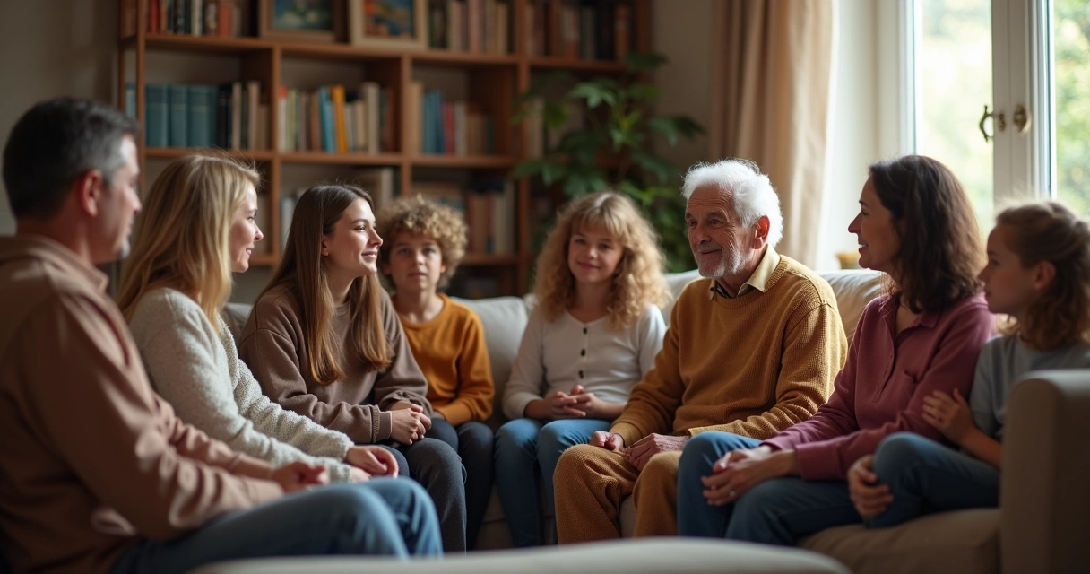 Família sentada na sala conversando, adultos e crianças atentos um ao outro, em clima reflexivo e acolhedor.