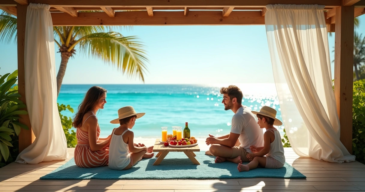 Família sentada na varanda de casa de praia com vista para o mar 