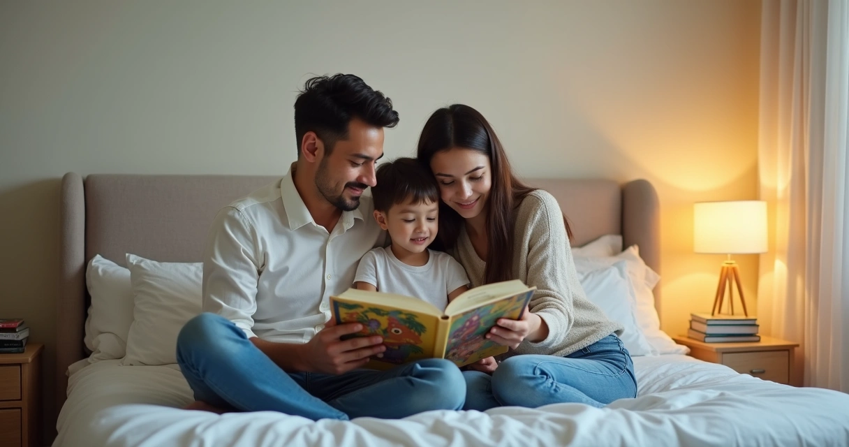 Família lendo livro ilustrado na cama em ambiente tranquilo 