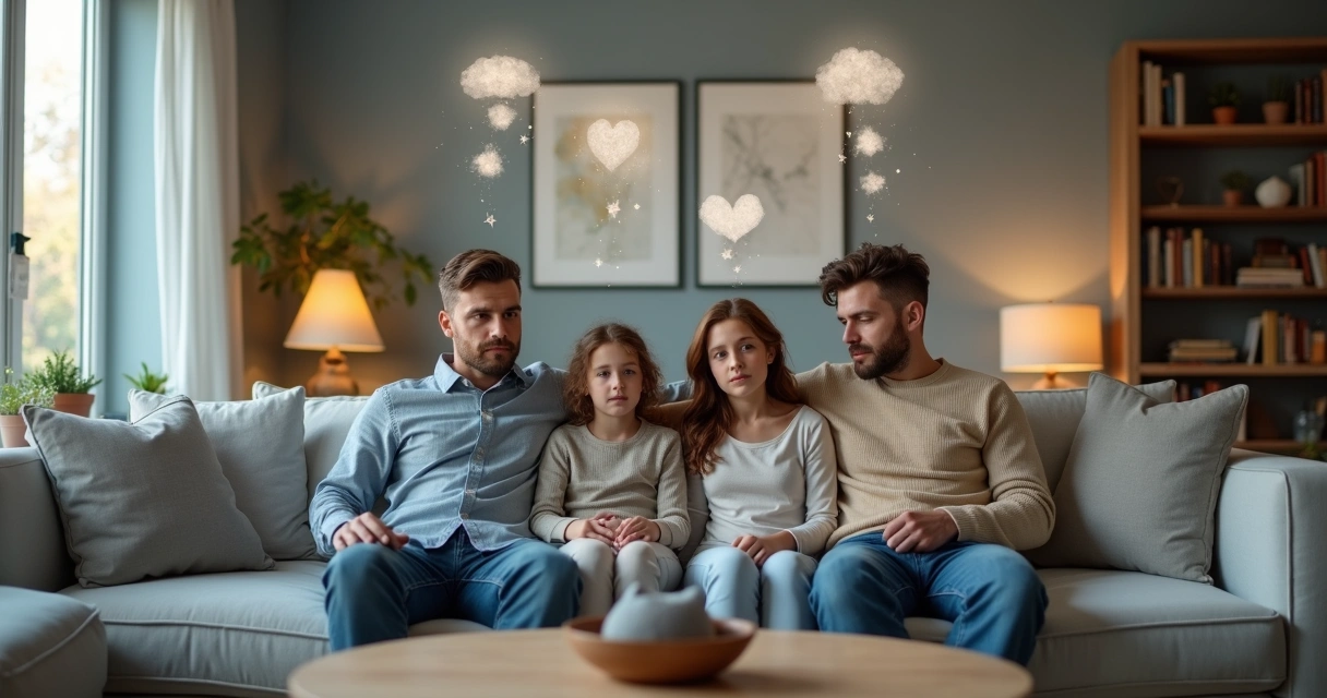 Familia sentada en la sala con pensamientos internos contrastados 