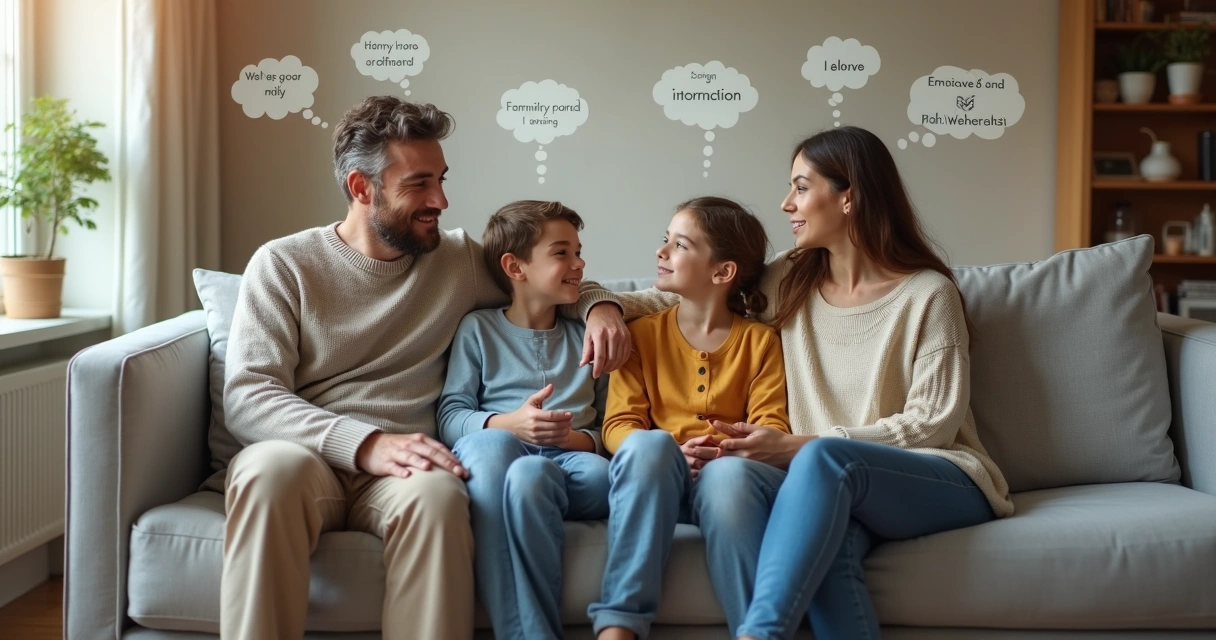 Família sentada no sofá com pensamentos internos representados ao redor 