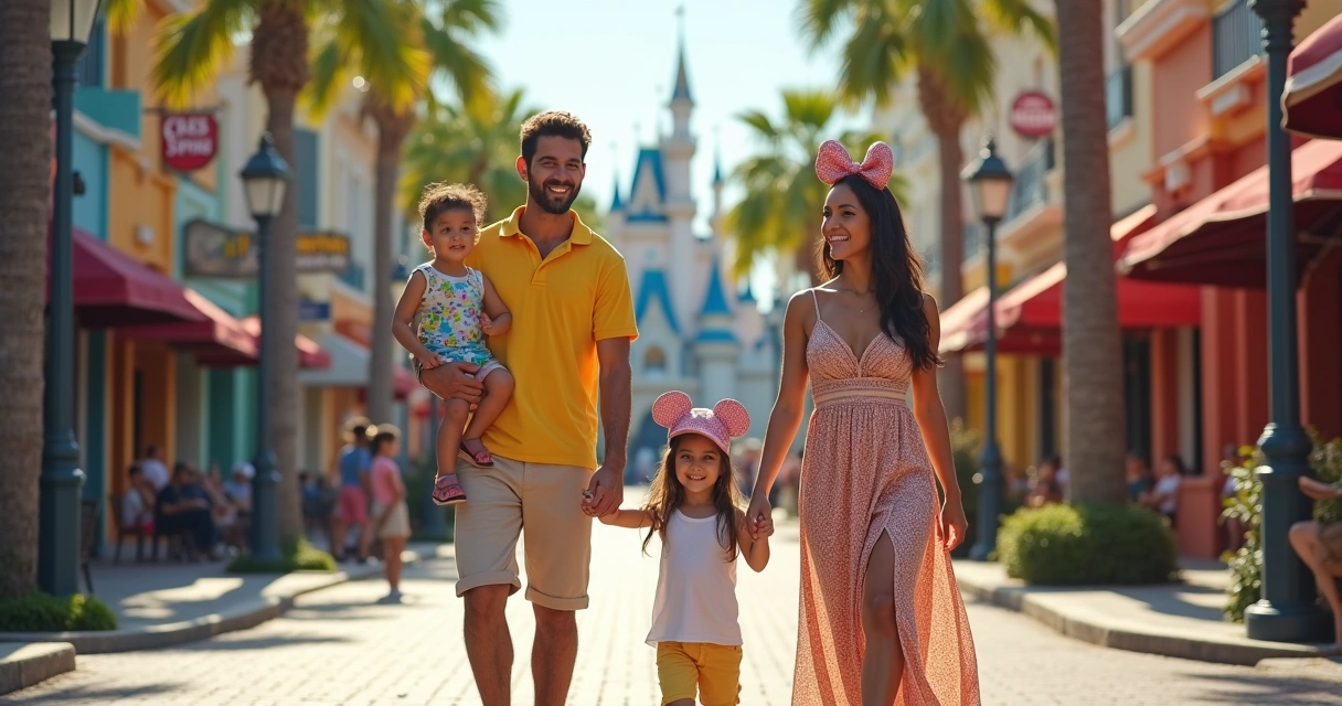 Família caminhando alegre nas ruas de Orlando, cercada de parques e lojas