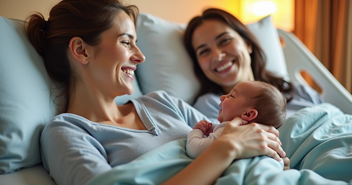 Família reunida ao redor do bebê recém-nascido 