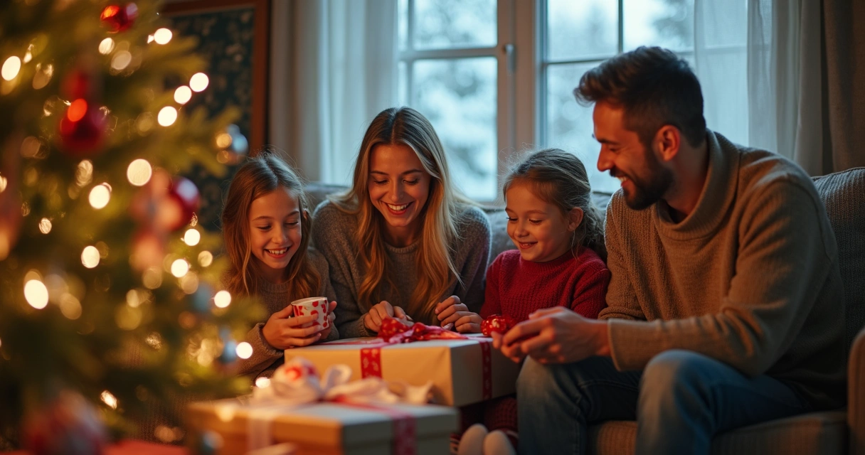 Família americana de diferentes idades abrindo presentes de Natal em casa 