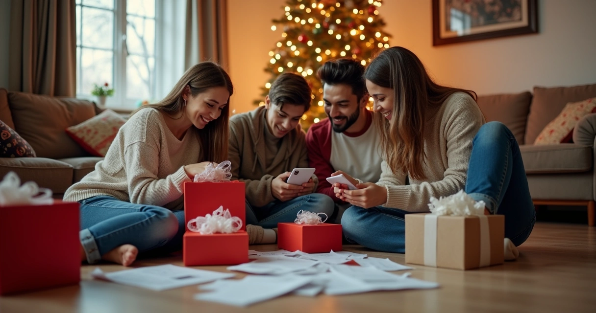 Família reunida após compras de Natal conferindo sacolas e faturas 