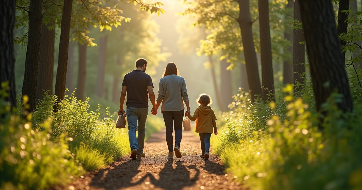 Família caminhando em floresta e cuidando da natureza. 