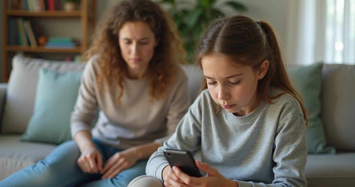 Mãe observando filha pré-adolescente mexendo no celular, expressão preocupada da mãe 