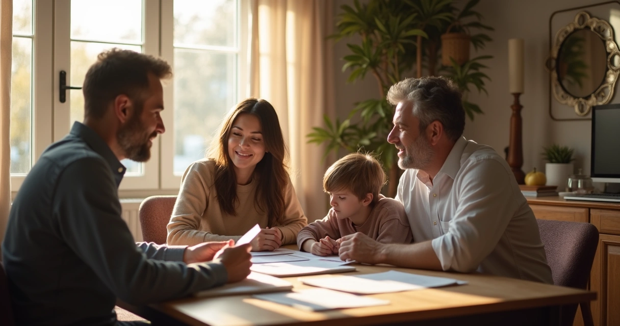 Família reunida à mesa negociando aluguel com proprietário