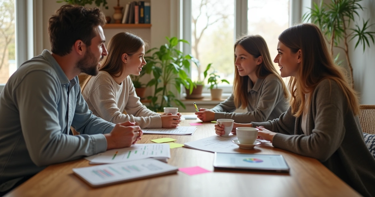 Família sentada à mesa negociando em harmonia em sala de estar iluminada 