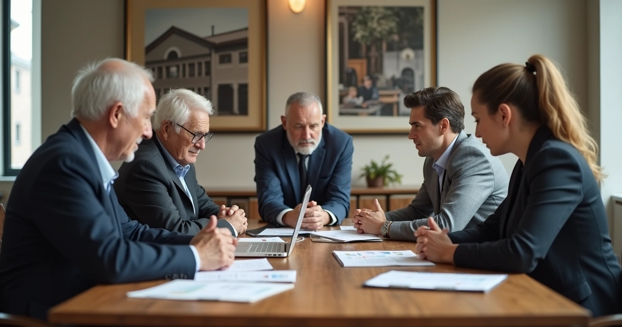 Família em reunião de negócios ao redor de mesa de madeira com tensão sutil entre gerações 