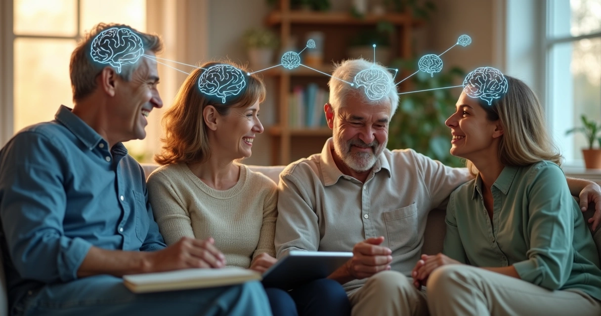 Família em sala de estar aconchegante com ilustrações de cérebro conectando seus membros 