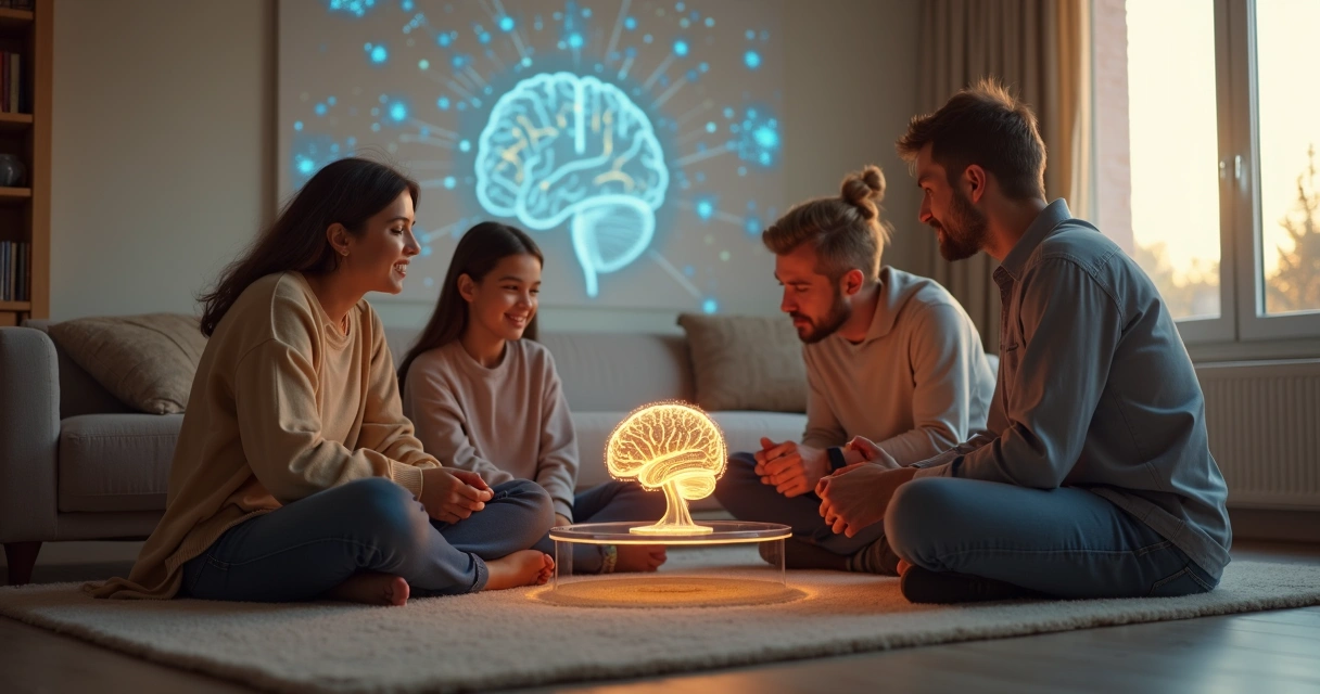 Cérebro iluminado projetado em parede atrás de família em conversa na sala de estar 