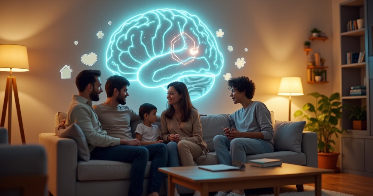 Família em sala de estar interagindo com elementos visuais do cérebro e conexões neurais ao fundo 