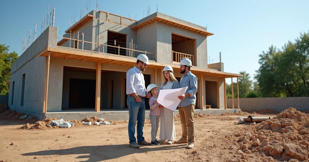 Família observa construção de casa em terreno próprio. 