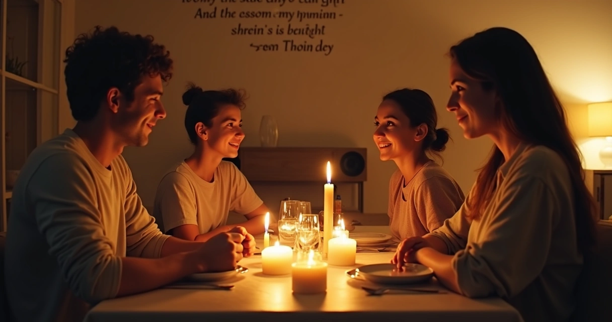 Família jantando com velas acesas e música ao fundo 