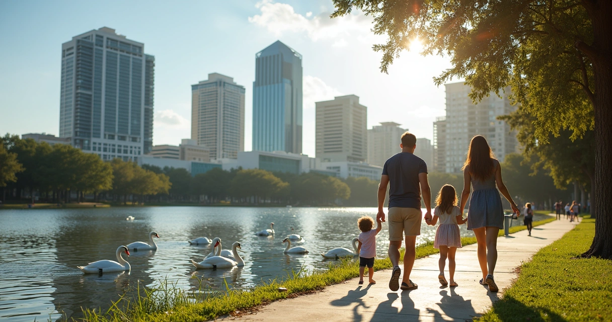 Família caminhando ao redor do lago no Lake Eola Park 