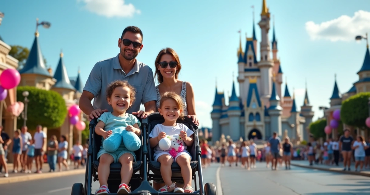 Família com crianças pequenas passeando de carrinho no Magic Kingdom