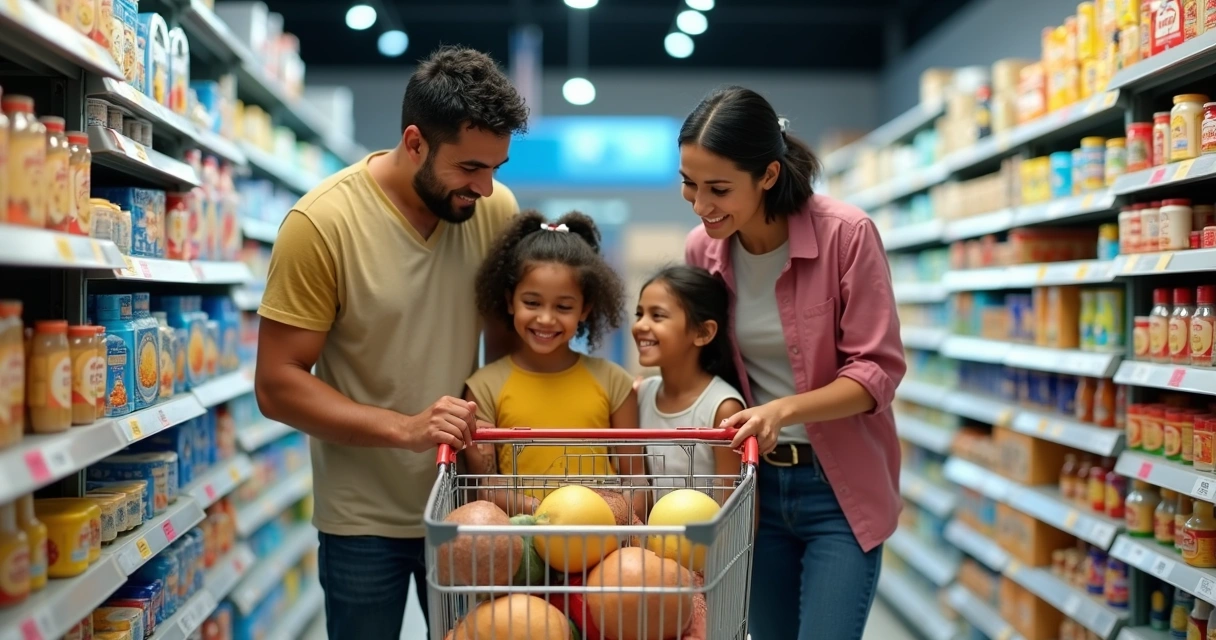 Família brasileira dentro do supermercado escolhendo produtos. 